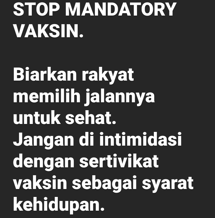 opinipublix's tweet photo. Stop Mandtory vaksin
Mari bersuara @AldoBabeh
#stopmandatoryvaksin. https://t.co/uZEZk49lB5