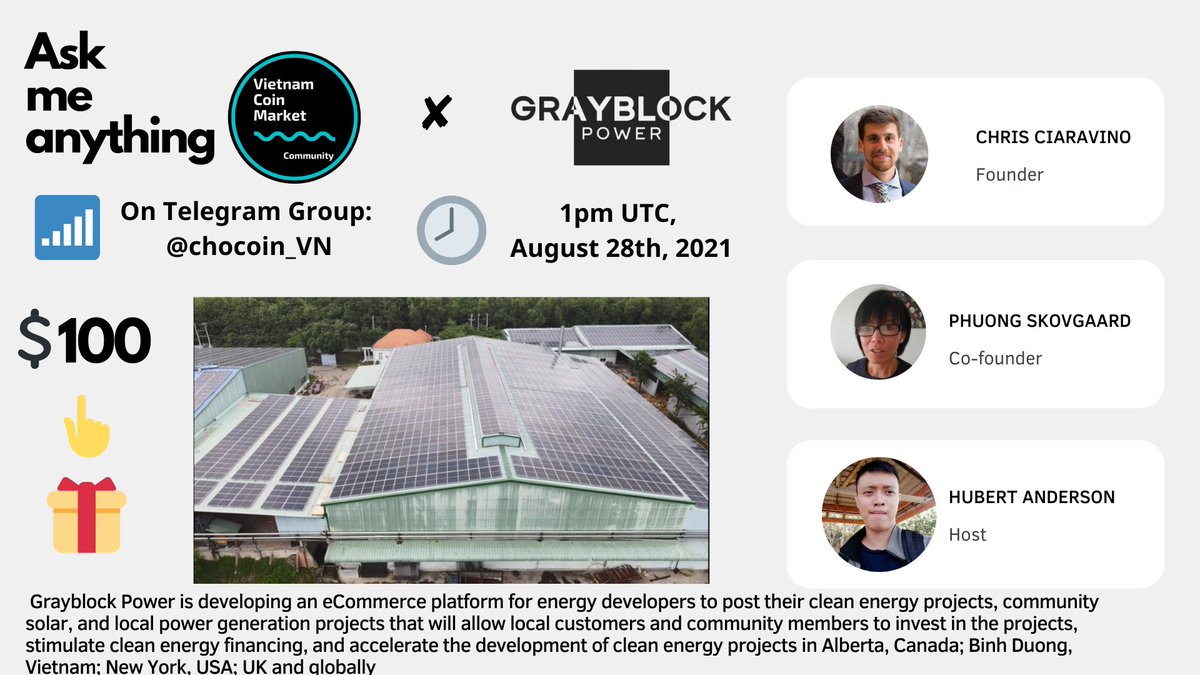 hubertcryptocn's tweet photo. 🔈 Vietnam Coin Market (VCM) is pleased to announce: VCM Community X GrayBlock Power AMA 
💬 https://t.co/cicZm7jX3v
⏰ 1pm UTC August 28th, 2021
Follow, like, retweet, and tag 3 friends on this tweet.
Please leave your username Telegram in the comments. https://t.co/q8Ox2Lb9le