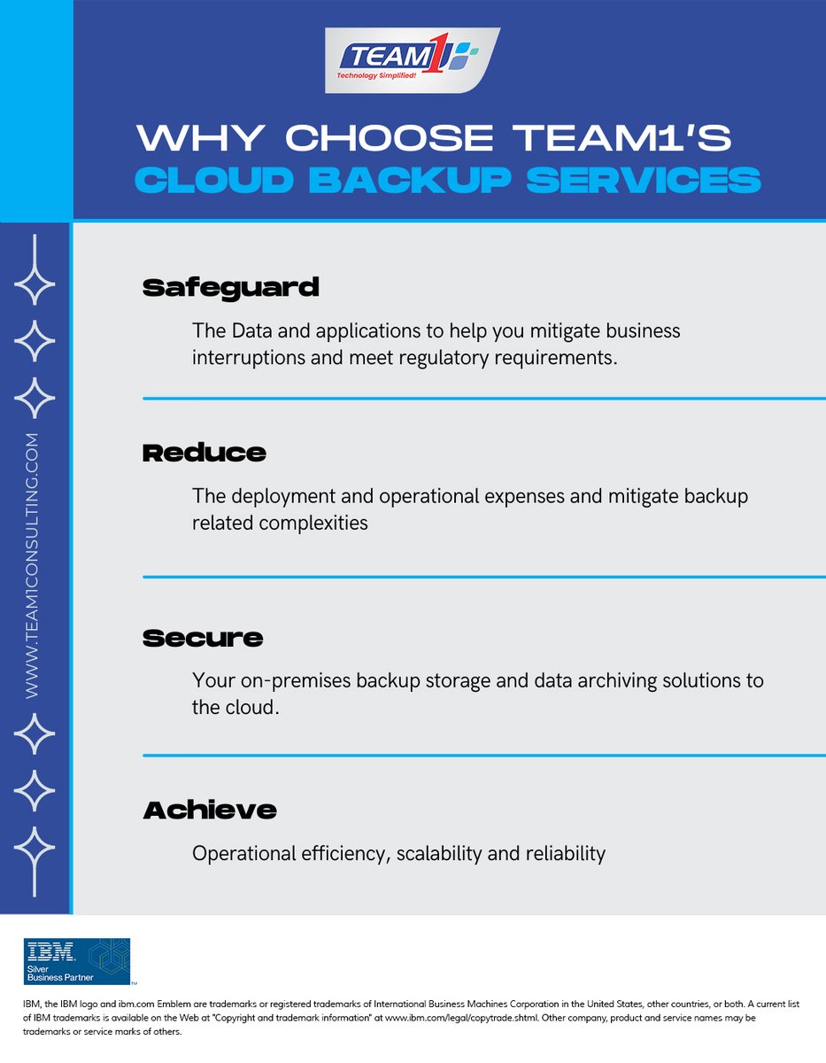 At TEAM1, we help you put together the right backup &amp; restore strategy. Combined with our deep domain experience &amp; expertise, we offer reliable, cost-effective backup &amp; restore solutions to help you safeguard your company #data.
#cloudstorage #cloudcomputing #technology #security