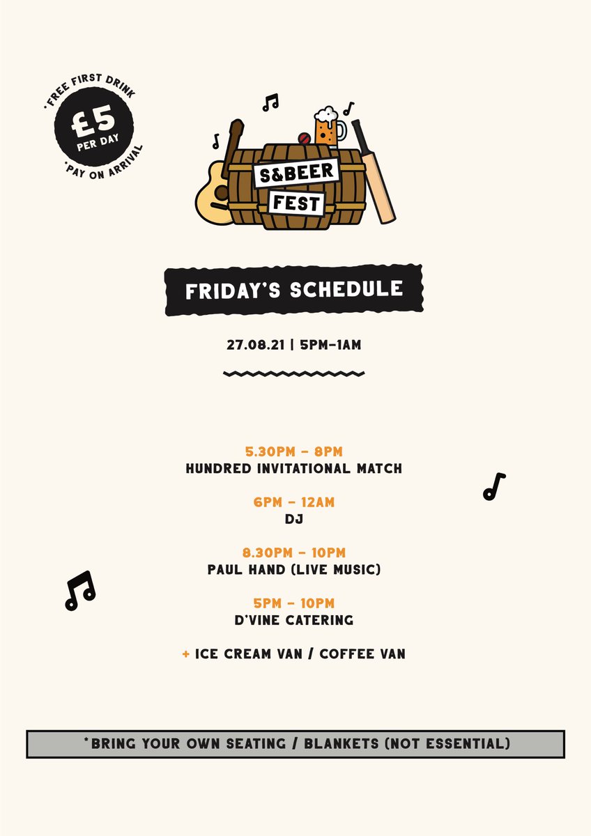 SNBCC's tweet photo. ⚠️🏏🍺 FRIDAY’S SCHEDULE 🍺🏏⚠️

Day 1 of our 4 day bank holiday weekend S&amp;BEER FEST begins today 5PM-1AM.

- Hundred Invitational Match 🏏 
- DJ &amp; Live Music from Paul Hand 🎶 
- Delicious food from @DvineCatering

** £5 ENTRY (FREE FIRST DRINK!!!) 🎟 **

#SnBeerFest 

💜💙 https://t.co/Frp1kVLQu0