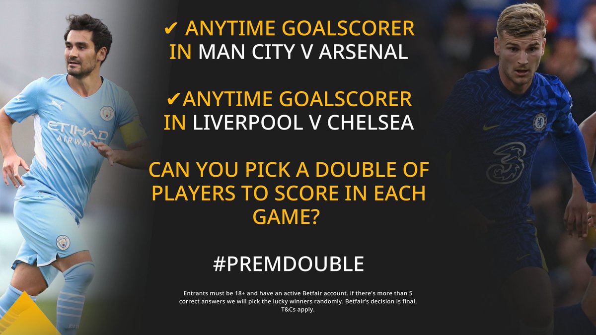 Betfair's tweet photo. 🎁 FIVE £20 free bets to giveaway on Saturday's televised Prem games!
Man City v Arsenal
Liverpool v Chelsea
⚽ Just RT and reply with your anytime goalscorer double.
✅ Eg. Gundogan and Werner
👇 We'll pick the lucky winners after the games.
#PremDouble https://t.co/jlXeawMPxu