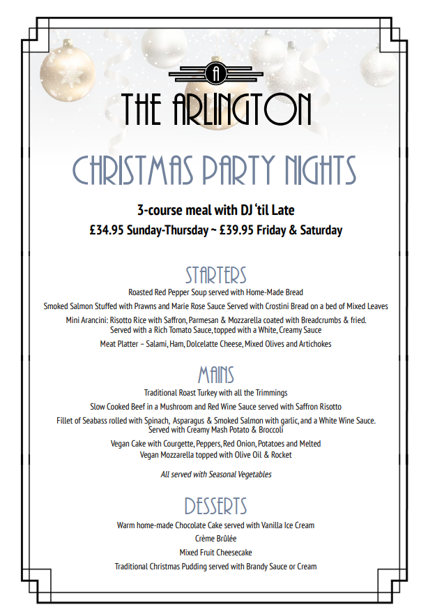 Christmas Party Nights are open to book!
🍷Gorgeous 3 course meal
🎶DJ til late
🎄£34.95pp Sunday-Thursday, £39.95 Friday and Saturday
📞Get in touch via 01702 711 350 or enquiries@thearlingtonballroom.co.uk!

#Southend #ChristmasOnSea