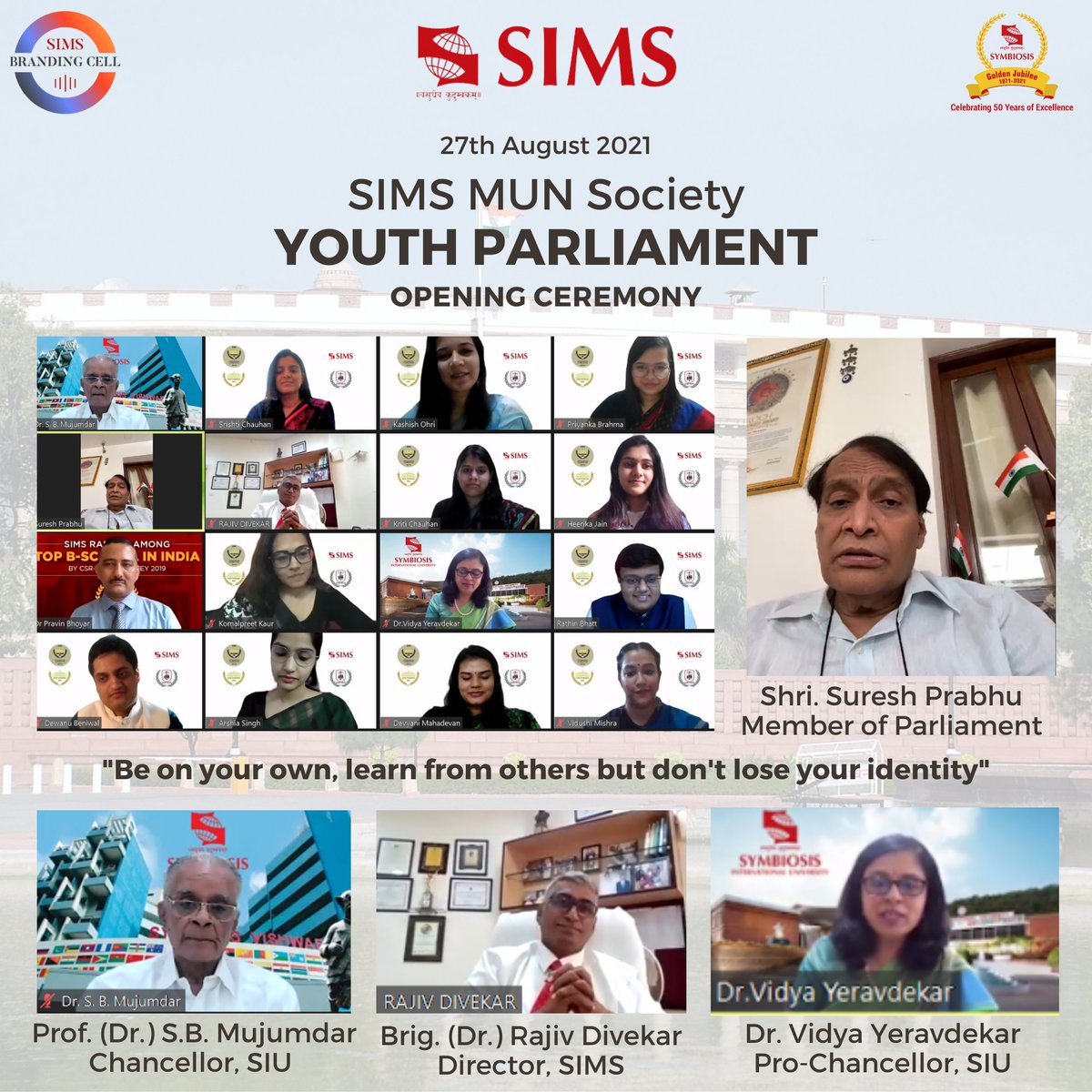 PuneSIMS's tweet photo. SIMS Pune is thankful &amp; honoured with the presence of  Shri Suresh Prabhu, Member of Parliament, as the Chief Guest at SIMS MUN society opening ceremony where he spoke about the "Role of the Youth In India's Development". 

#sims #simspune #siu #simsmun #roleofyouth #parliament https://t.co/GLSIcQsDui