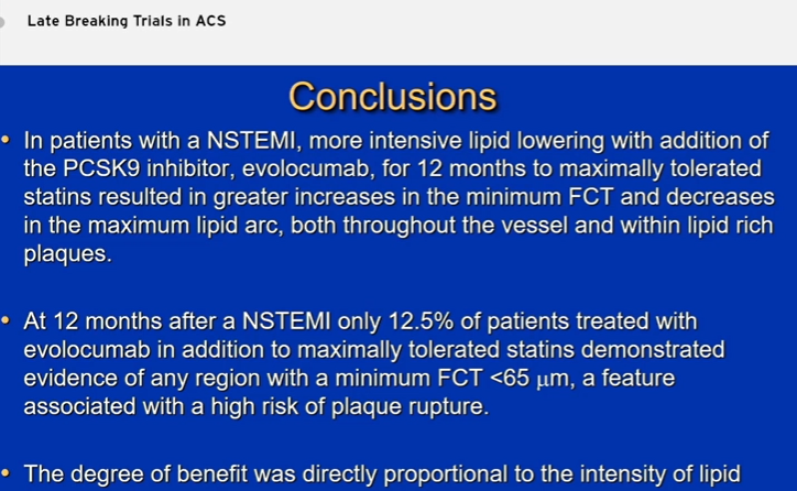 Start INTENSIVE lipid lowering early after an ACS - the lower the LDL the better the plaque stabilisation -adding #PCSK9 early - HUYGENS trial #ESCCongress <a href="/escardio/">European Society of Cardiology</a>