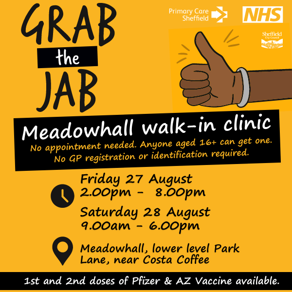 primarycareshef's tweet photo. Don't forget to #GrabAJab at our walk-in clinic in 
@LoveMeadowhall today from 2pm - 8pm, and Saturday 28 August, 9am - 6pm. https://t.co/kjeSl638Ed
