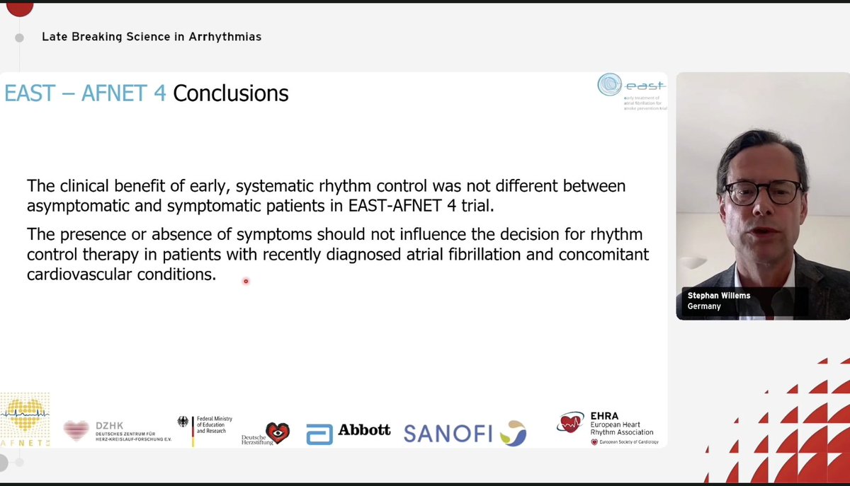 #ESCCongress LBT #arrhythmia

S. Willems on an #EASTtrial predef substudy - asymptomatic pat

🔘clinical benefit of early, systematic rhythm control was not different between symptomatic and asympt. patients!
🔘symptoms ❌decision for rhythm control

@afnet_ev #EHRA_ESC