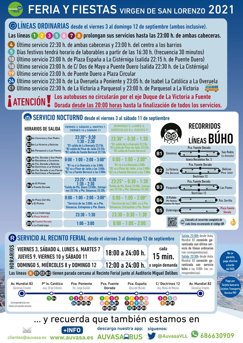📢 Feria y Fiestas de la Virgen de San Lorenzo 2021

➡️ Ampliación de horarios de líneas ordinarias

➡️ Servicio búho todos los días

➡️ NUEVA🆕 conexión con el #RecintoFerial

🖼️ Lo tienes a un click en la siguiente imagen ⤵️

#⃣ #Valladolid #VAenBUS #FiestasVLL2021