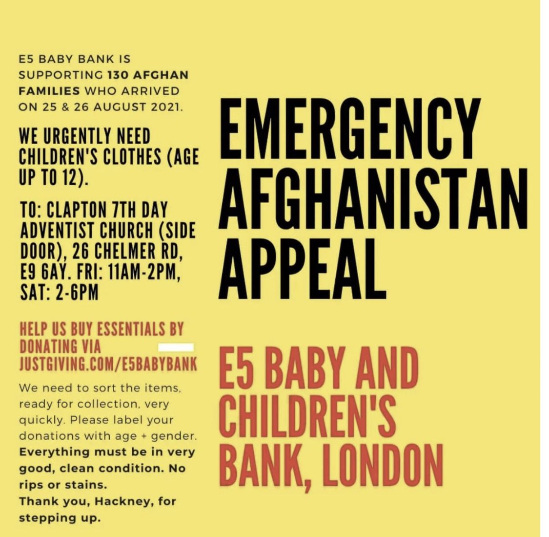 Dr Shema Tariq Legacy Account (on LinkedIn) (@savoy__truffle) on Twitter photo *Please RT* the #e5babybank are looking for donations (esp clothes up to age 12) for 130 Afghan families who arrived in Hackney this week. You can drop off in E5 or at <a href="/stellacreasy/">stellacreasy</a> office in E17 on Saturday 2-4pm. You can also donate items via wishlist: e5babybank.org/donateitems *Please RT* the #e5babybank are looking for donations (esp clothes up to age 12) for 130 Afghan families who arrived in Hackney this week. You can drop off in E5 or at <a href="/stellacreasy/">stellacreasy</a> office in E17 on Saturday 2-4pm. You can also donate items via wishlist: e5babybank.org/donateitems