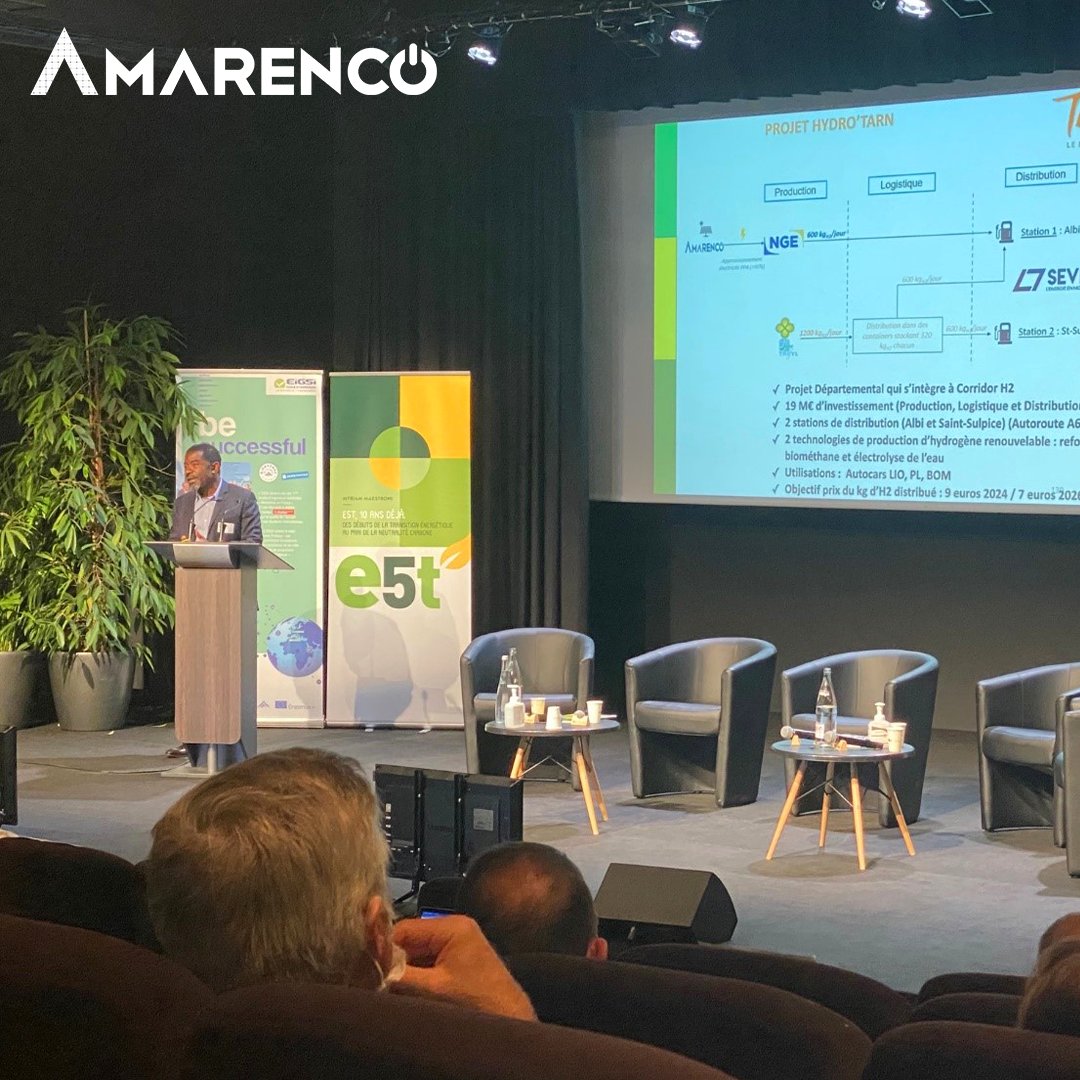 #INNOVATION | M. Ange Nzihou, professeur spécialiste de l’hydrogène à l’IMT Mines Albi, parle d’Amarenco en présentant le projet « #CorridorH2 » à l’occasion des universités d’été de l’Association d’e5t.

Amarenco est partie prenante du projet par le biais de l’#hydrogène vert.