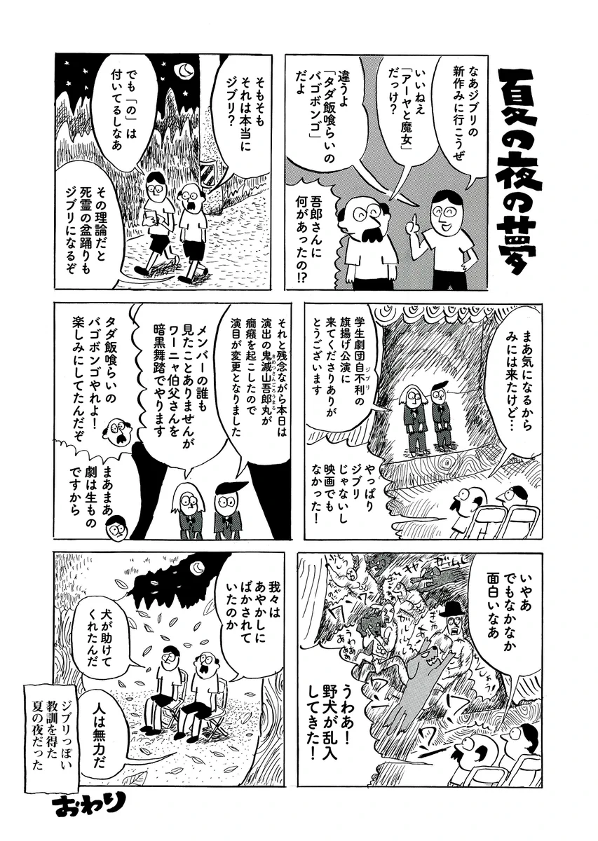 ジブリの新作を見に行く予定が「タダ飯喰らいのバゴボンゴ」を見る羽目になった。でも見れなくて結局は「夏の夜の夢」だった。