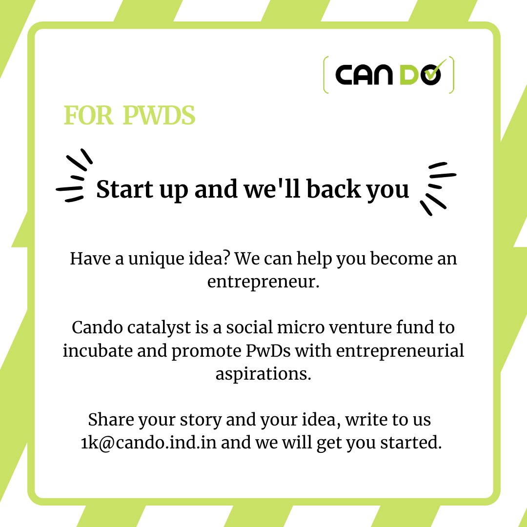 cando_india's tweet photo. Your unique ideas are welcome. Share your story and your idea, write to us 1k@cando.ind.in
#Candoindia #candoinitiative #opportunity #forpwd #pwdawareness #Supportcando #CanDofordisability #peopleofCanDo #peoplewithdisabilities #disabilityinclusion #ShaMax https://t.co/ZyXvlKjfc9