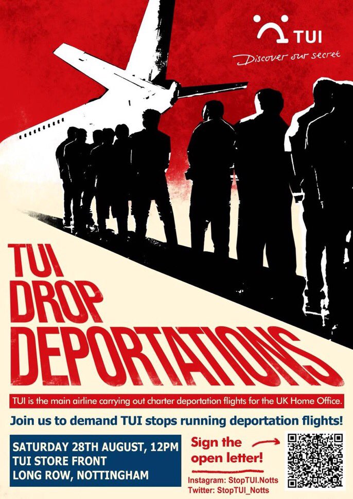 NottsUniWorkers's tweet photo. Tomorrow at 12 noon outside the Long Row TUI store in Nottingham - demand that TUI stop running deportation flights! https://t.co/n4vxK2NDEB