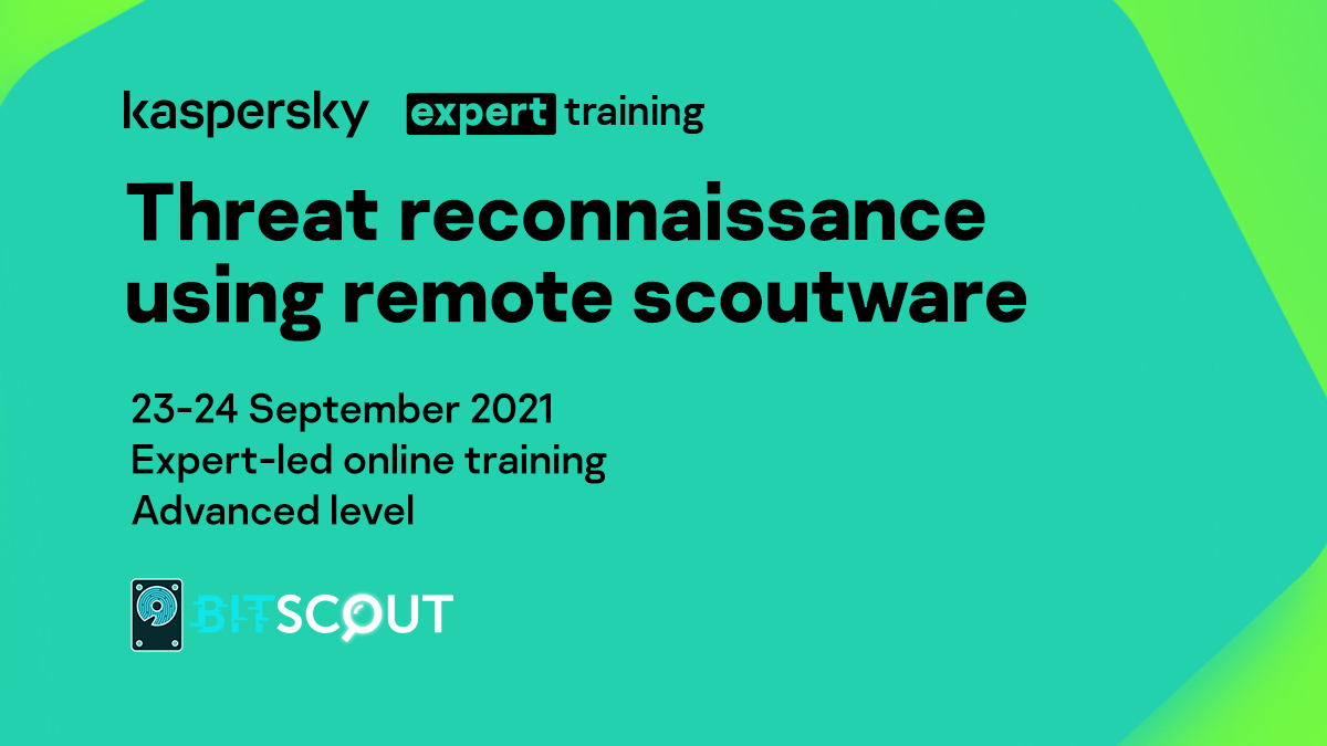 kaspersky's tweet photo. Don't forget --> Join Kaspersky GReAT for TWO new courses at #SASatHome3, including 'Threat Hunting using remote scoutware' and 'Remote Threat Reconnaissance.'
Find out more and reserve your seat here: https://t.co/F7EJEM0uvU #BitScout #ThreatHunting https://t.co/8yuJU7E9vV