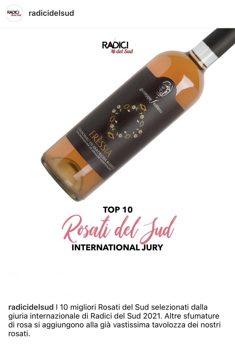 Erèssia 2019 Bio, 100% Cannonau di Sardegna
Nella Top 10 dei migliori Rosati del Sud selezionati dalla giuria internazionale di Radici del Sud 2021.

@radicidelsud 

#radicidelsud #radicidelsud2021 #erèssia #rosato #vinorosato #rosé #roséwine #wine #winelovers #winelover #winery