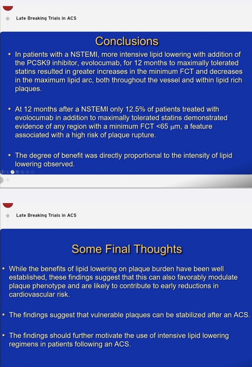 #ESCCongress 
#HUYGENS 
💥PCSK9I 4 NSTEMI
💥Plaque modific by #OCT
💥Will stabilizing vulnerable plaque⬇️ events?

#EAPCI <a href="/PCRonline/">PCRonline 🫀</a> <a href="/APSIC6/">@APSIC</a> 
@ajaykirtane <a href="/alaide_chief/">chief</a> @FrederickWelt <a href="/ziadalinyc/">Ziad Ali</a> <a href="/EmileMehanna/">Emile Mehanna</a> <a href="/GreggWStone/">Gregg W. Stone MD</a> <a href="/ProfKausikRay/">Prof Kausik Ray FMedSci</a> <a href="/hect2701/">Prof. Hector M. Garcia-Garcia</a> <a href="/lamelaspablo/">Pablo Lamelas 🇦🇷🇨🇦</a> <a href="/EkateriniL/">Ekaterini Lambrinou💙</a>