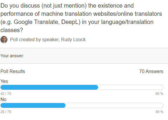 #EUROCALL2021: results of the poll on teaching use of online translators in the language classroom. <a href="/eurocall2021/">EUROCALL2021</a> <a href="/EurocallLang/">Eurocall</a> audience quite keen on letting students use OTs depending on assignment but no specific training in 40% of cases
#MTliteracy