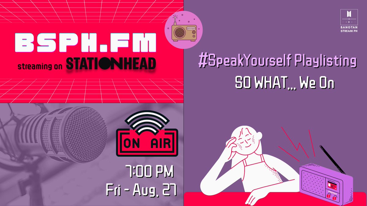 BTStreamSociety's tweet photo. Catch this vibe PH #BTSARMY!
Join us again tonight at #BangtanStationheadPHarty as we continue celebrating #3YearsWithLoveYourselfAnswer.
#SpeakYourself and enjoy the music while we talk about your So What moment!
๐ง Listen here: https://t.co/aLVLwoDFwF
Talk to you later!๐ https://t.co/80gy6Y6S8s
