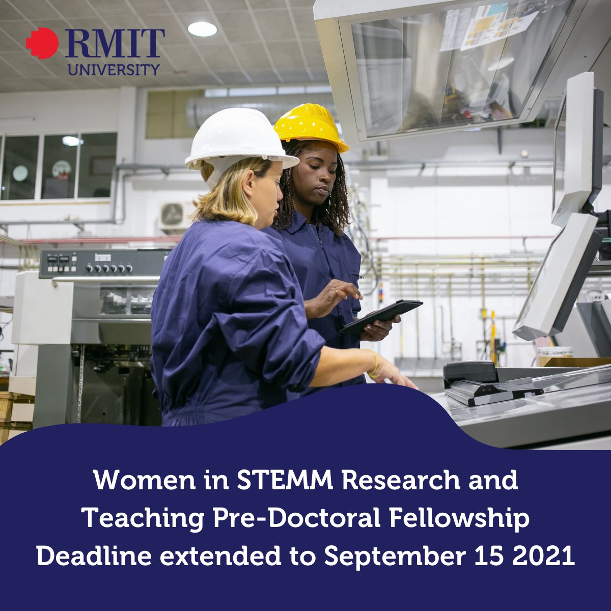 RMITVietnam's tweet photo. Women in STEMM Research and Teaching Pre-Doctoral Fellowship opportunities
This position will advance research activity @RMITVietnam and increase RMIT University’s cohort of offshore HDR students. 
 
Find out more: https://t.co/2DroRzFrz0
Deadline is extended to 15 Sep 2021. https://t.co/rBHtZ6t7q9