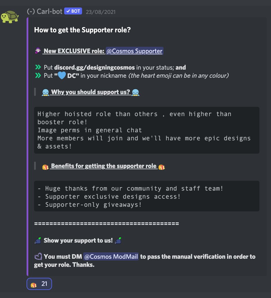 DesigningCosmos's tweet photo. Inspired by another Brawl Stars community, we have implemented a reward system when users add our server link to their status, as well as change their nicknames. π #DesigningCosmos
π You can acquire image perm and higher hoisting!
FYI bois we almost have 1900 real humans πββοΈ https://t.co/eBfBkkOcWv