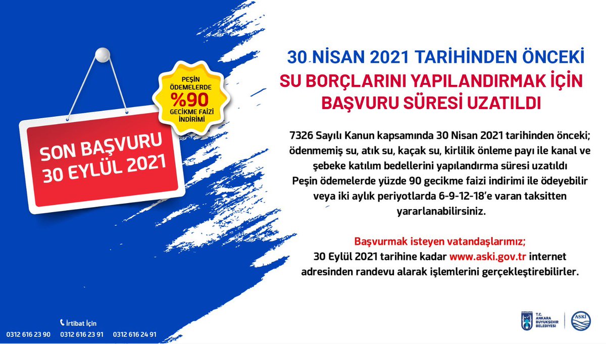 📣BAŞKENTLİLERİN DİKKATİNE❗️

✔️Su borçlarını yapılandırmada başvuru süresi uzatıldı.

Son Başvuru Tarihi: 30 Eylül 2021
