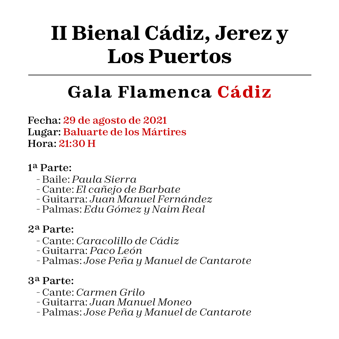 👏🏼💃🏻 ÚLTIMA GALA FLAMENCA DE LA II BIENAL DE FLAMENCO CÁDIZ, JEREZ Y LOS PUERTOS
📍 Baluarte de Los Mártires de Cádiz
⏰ 21:30 h
🎟️ Las entradas se pueden adquirir en tickentradas.com/eventos/paula-…
...
#galaflamencaCádiz #Cádiz #lamardeflamenco #cadizintensamente <a href="/BienalCadiz/">Bienal de Flamenco de Cádiz</a>