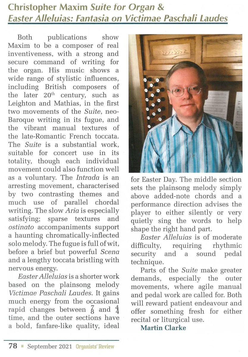 Chris Maxim (@drchrismaxim) on Twitter photo Delighted to find in the latest edition of <a href="/OrganistsReview/">Organists' Review</a> such excellent reviews by @mvclarke of some of my #organmusic recently published by <a href="/paracletepress/">Paraclete Press</a>.
#NewMusic
#contemporarymusic
#BritishMusic
@TyCerdd_org
<a href="/mathiasland/">Mathiasland</a>
<a href="/ComposerWarren/">Raymond Warren - Composer</a> Delighted to find in the latest edition of <a href="/OrganistsReview/">Organists' Review</a> such excellent reviews by @mvclarke of some of my #organmusic recently published by <a href="/paracletepress/">Paraclete Press</a>.
#NewMusic
#contemporarymusic
#BritishMusic
@TyCerdd_org
<a href="/mathiasland/">Mathiasland</a>
<a href="/ComposerWarren/">Raymond Warren - Composer</a>
