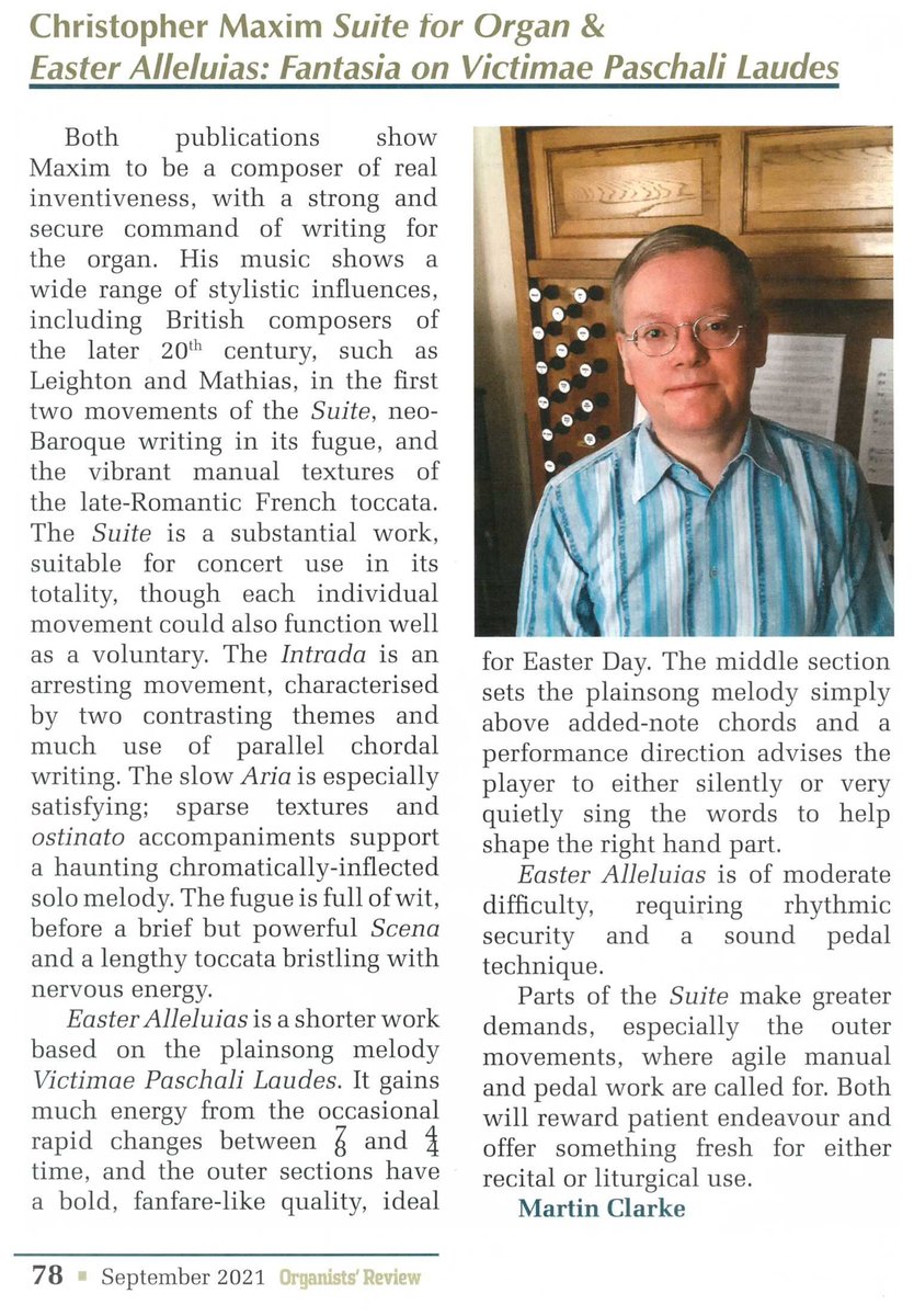 Delighted to find in the latest edition of @OrganistsReview such excellent reviews by @mvclarke of some of my #organmusic recently published by @paracletepress. #NewMusic #contemporarymusic #BritishMusic @TyCerdd_org @mathiasland @ComposerWarren