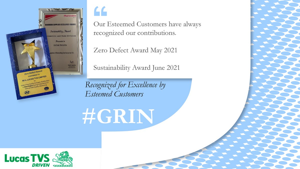 LTVS has been receiving several accolades and recognition from leading global automotive brands on quality, performance, design and technology. 

Visit - lucas-tvs.com 

#GRIN
#GRowthThroughINnovation
#GreatPlaceToWork