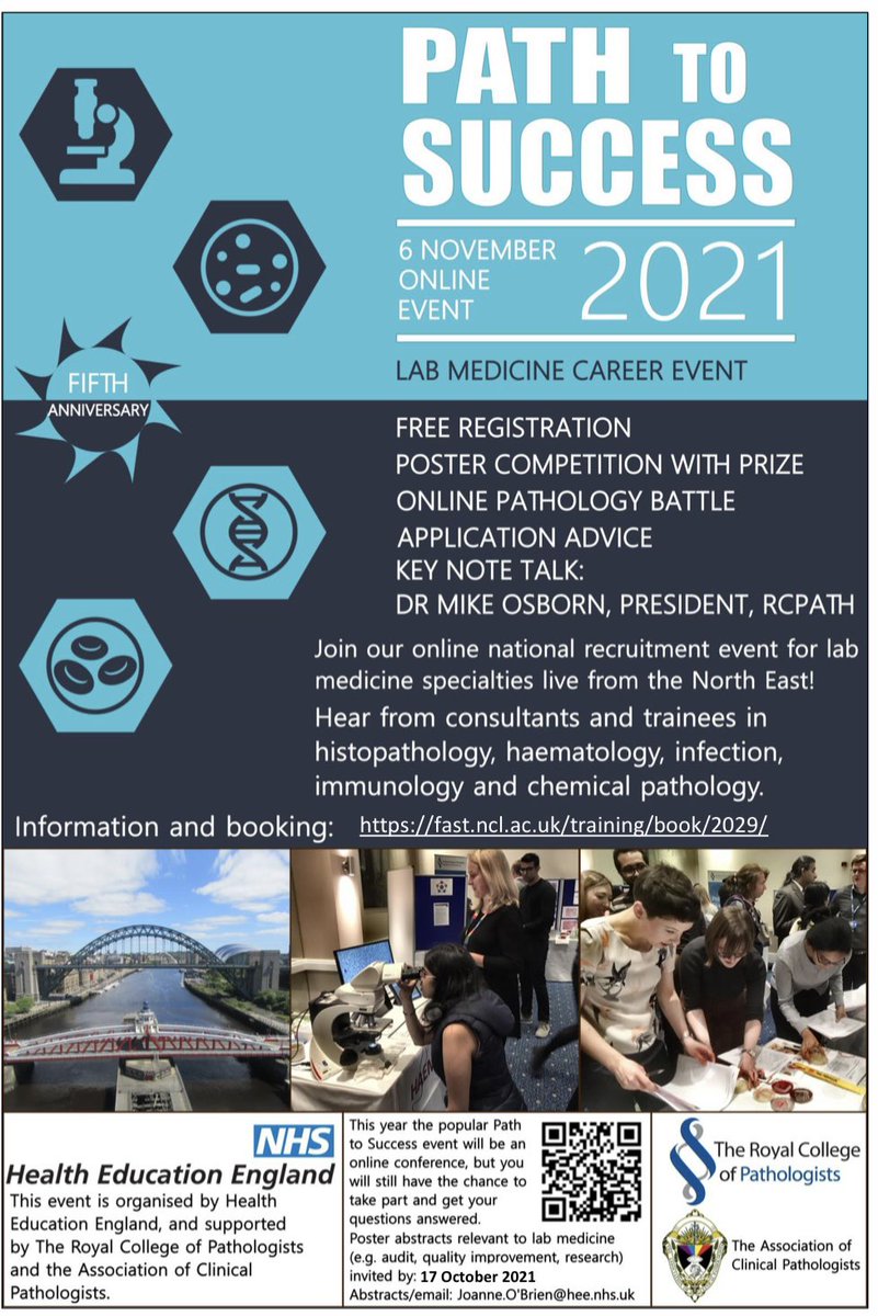 #PathToSuccess2021 is back and online! For anyone interested in a career in Cell Path, Chem Path, Haematology, Infection and Immunology! Sat 6th Nov. Sign up here fast.ncl.ac.uk/training/book/…
<a href="/MADEinHEENE/">MADE in HEENE</a> <a href="/nhsfyp/">NHS Find Your Place</a> <a href="/RCPath/">RC of Pathologists</a> <a href="/ACP_Pathologist/">The Association of Clinical Pathologists</a> <a href="/PathologyHouse/">RCPath Trainees' Advisory Committee</a>  <a href="/GraemeWatson/">Graeme Watson</a> <a href="/mike4path/">Michael Osborn</a>