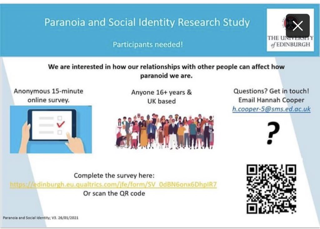 SocialIdentity3's tweet photo. Happy Friday! If you have 10-20 minutes of spare time today, please consider taking part in my thesis research project. It’s an anonymous online survey you can complete whenever suits you https://t.co/zIJv2qb8Lo any questions get in touch 😊 #research #paranoia https://t.co/UfnmSTzqCJ