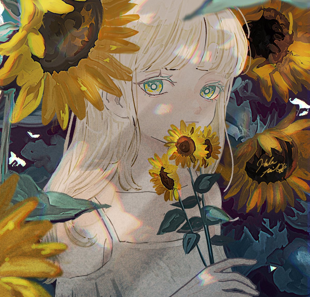 1girl flower sunflower solo long hair yellow flower holding  illustration images