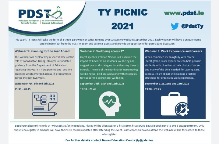 We are looking forward to the TY PICNIC series of webinars. To book your place for each webinar please go to 
pdst.ie/onlinebooking
#collaboration #transitionyear