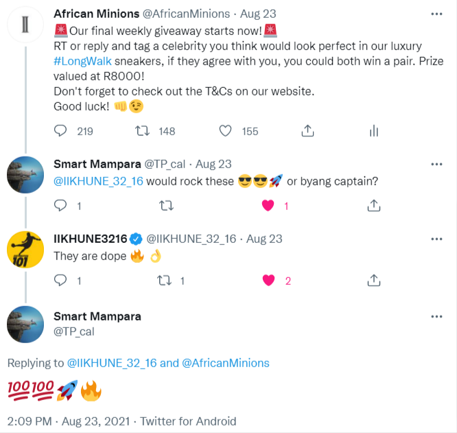 AfricanMinions's tweet photo. 🚨*𝗪𝗶𝗻𝗻𝗲𝗿 𝗔𝗻𝗻𝗼𝘂𝗻𝗰𝗲𝗺𝗲𝗻𝘁* This week's giveaway winners are @TP_cal and the mega-talented @IIKHUNE_32_16! Thanks for showing your love for our sneakers!👊We'll be in touch to start you on your Long Walks journey. 
More giveaways coming up in Sep, so stay tuned!😉 https://t.co/3wDHs6s7F5
