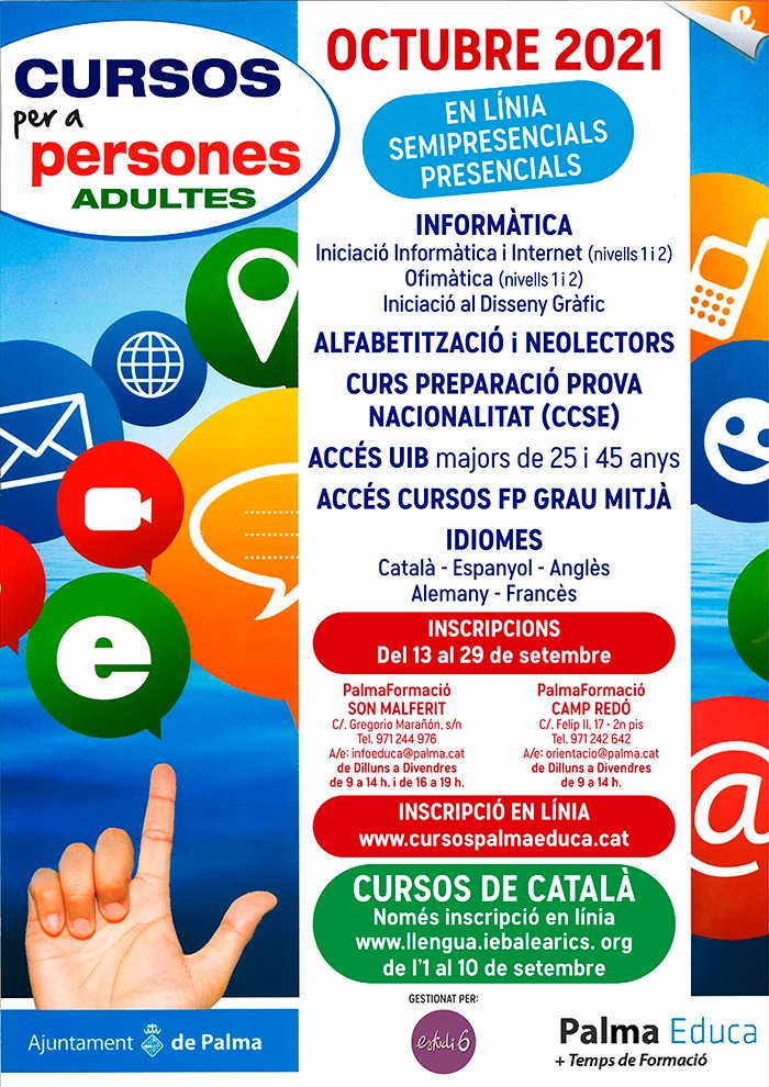 Aquí podràs trobar tota la informació dels cursos per a persones adultes pel curs 2021-2022. Anima't!!!