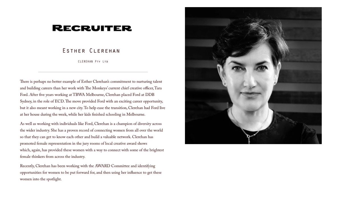 sunitagloster's tweet photo. So proud to see my friend @clerehan recognised for the Champion Woman she is at @bandt Women in Media Awards. #BestRecruiter #CreativeChampion #BTWIM https://t.co/e2DoMXTx93