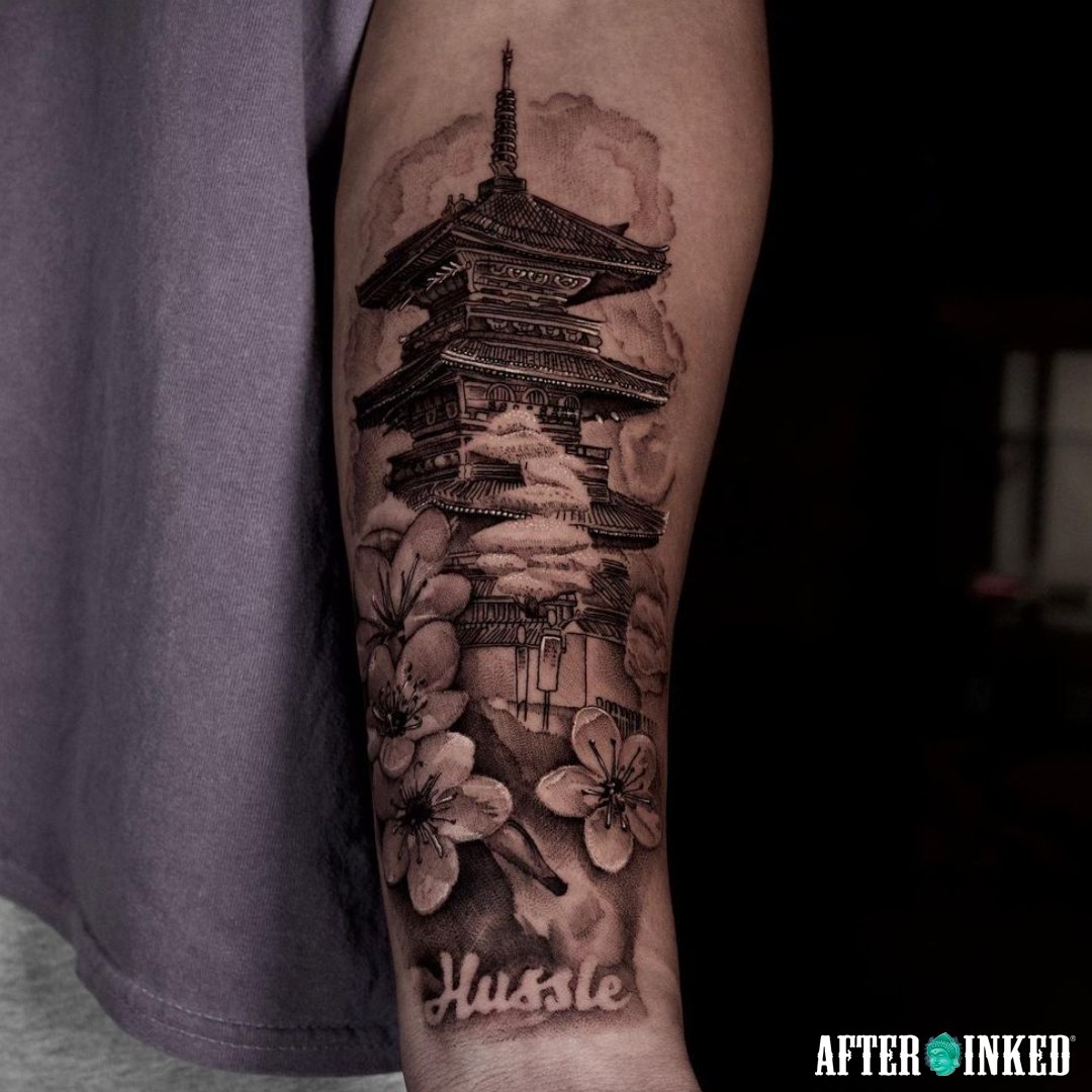 Pagoda and Old man tattoo by Arlo Tattoos | Photo 24990
