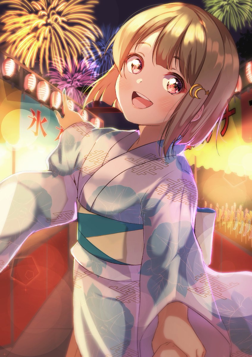 nakasu kasumi 1girl kimono japanese clothes fireworks short hair hair ornament crescent hair ornament  illustration images