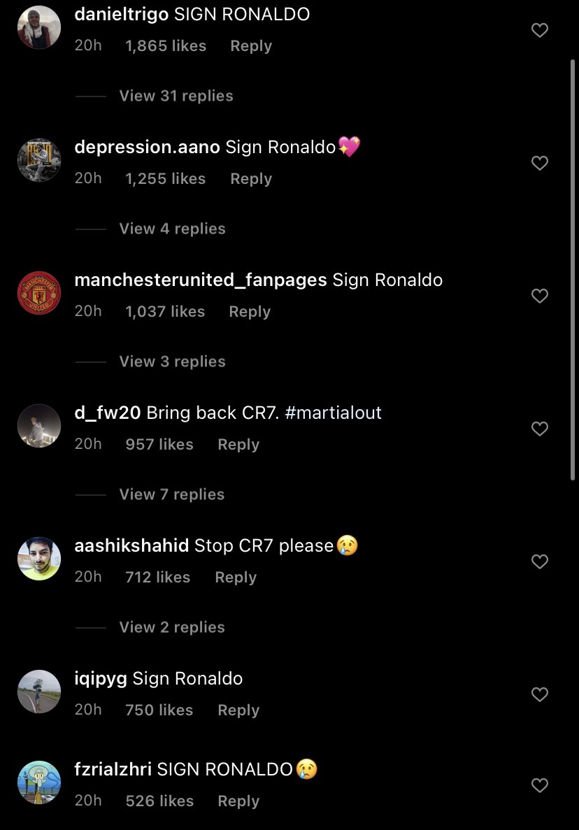 Nearly all replies under Manchester United’s Instagram posts are ‘Sign Ronaldo’