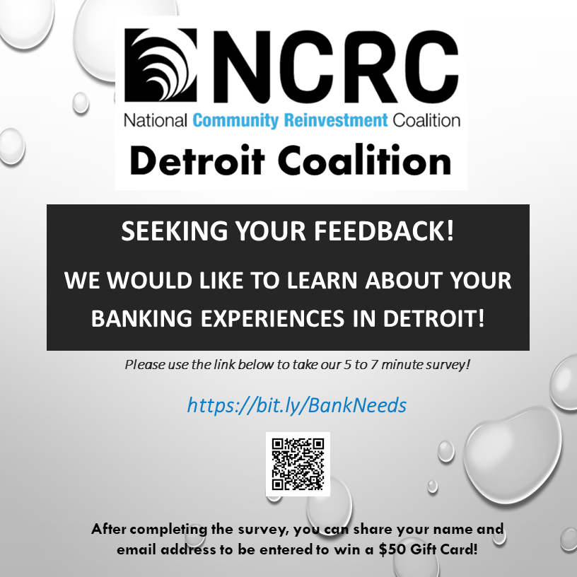 yogazpacho's tweet photo. #DETROITERS! The #Detroit chapter of the National Community Reinvestment Coalition (@NCRC) would like to learn about your #banking experiences and needs.  
Take 5-7 minutes to complete the NCRC Detroit Banking Needs Survey, and you could win $50!
https://t.co/G5ztcVz376 https://t.co/YEZijgb6Fm