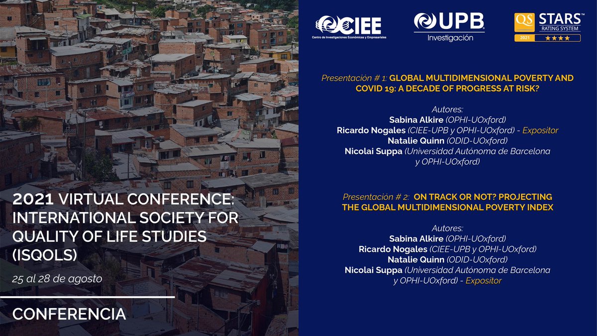 Comunicamos la participación en la “2021 VIRTUAL CONFERENCE: INTERNATIONAL SOCIETY FOR QUALITY OF LIFE STUDIES (ISQOLS) ”, con dos presentaciones. 

Enlace evento: isqols.org/resources/Docu…

#InvestigaciónUPB #CIEE