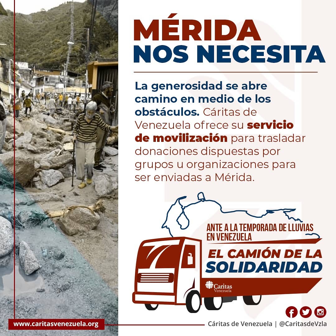alcaldeledezma's tweet photo. Gran labor de CÁRITAS DE VENEZUELA.
Esta es una hora en que debemos ser solidarios con los merideños afectados por la tragedia. 
Cáritas está promoviendo un servicio denominado EL CAMIÓN DE LA SOLIDARIDAD para trasladar los donativos para las familias que han sido afectadas. https://t.co/jUMkZ03u3s