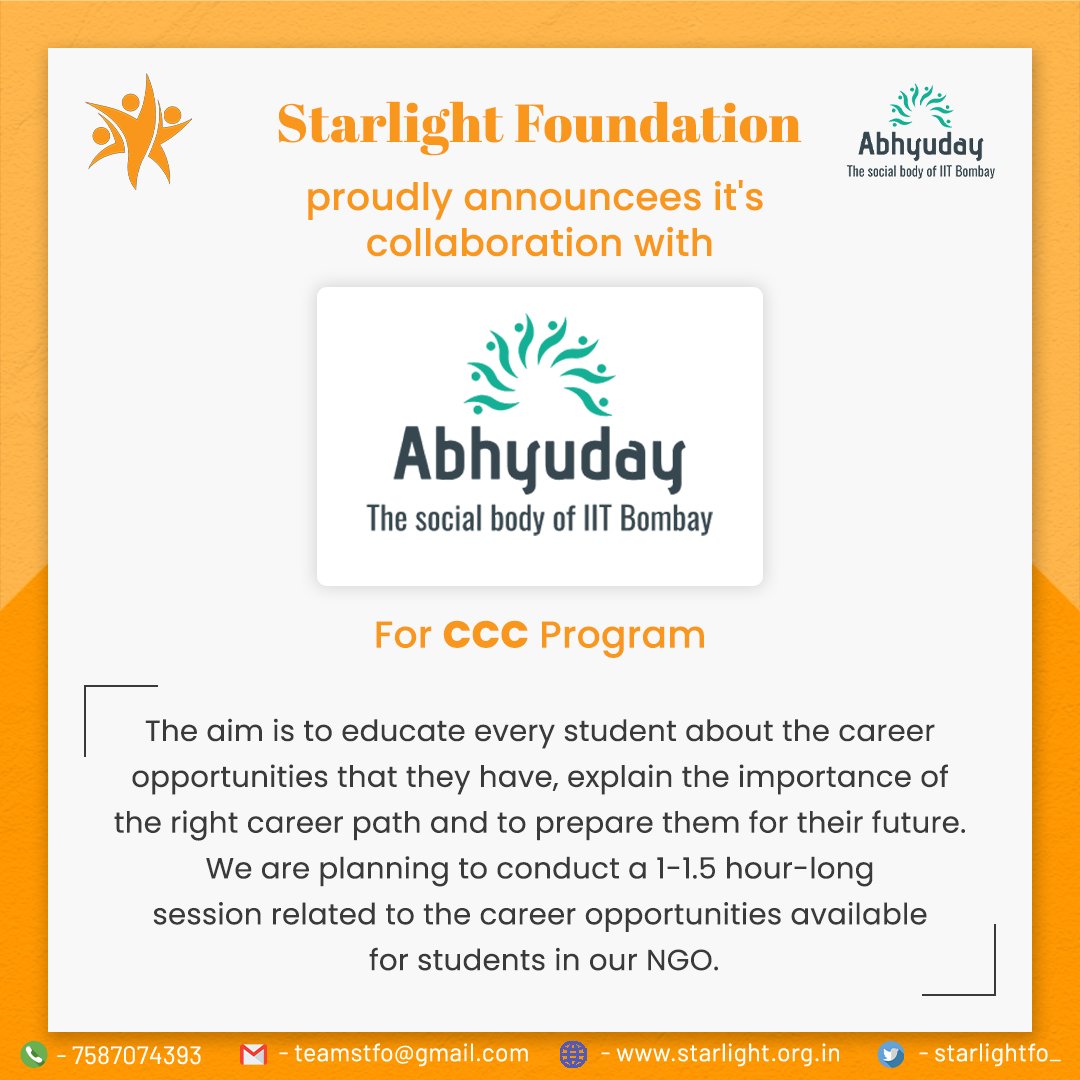 Starlightfo_'s tweet photo. Happy to announce Starlight Foundation is collaborating with Abhyuday (IIT BOMBAY) and announcing its Career Counseling Campaign program with us.
#abhyuday #iitbombay #careercounselling #CCC #NGO #ngoindia #witheverychild #starlightfoundation https://t.co/GCjPn61WI5