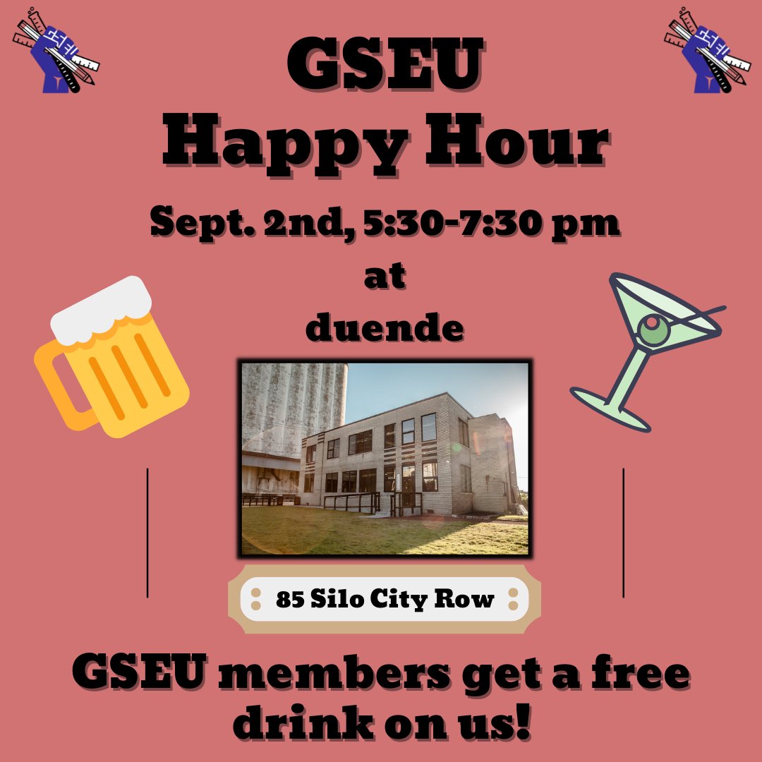 ✨ Join us next Thursday, 9/2 at duende ✨

from 5:30 - 7:30pm we'll be gathering outdoors for our first union social of the year--all GSEU members get their first drink free!