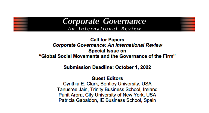 📢 We are very excited to share this Call for papers @CGIRjournal on Global Social Movements and the Governance of the Firm. We look forward to receiving your best work on the topic. Please read more 👉 and share! onlinelibrary.wiley.com/pb-assets/asse… #CorpGov #Boards #socialmovement #ethics