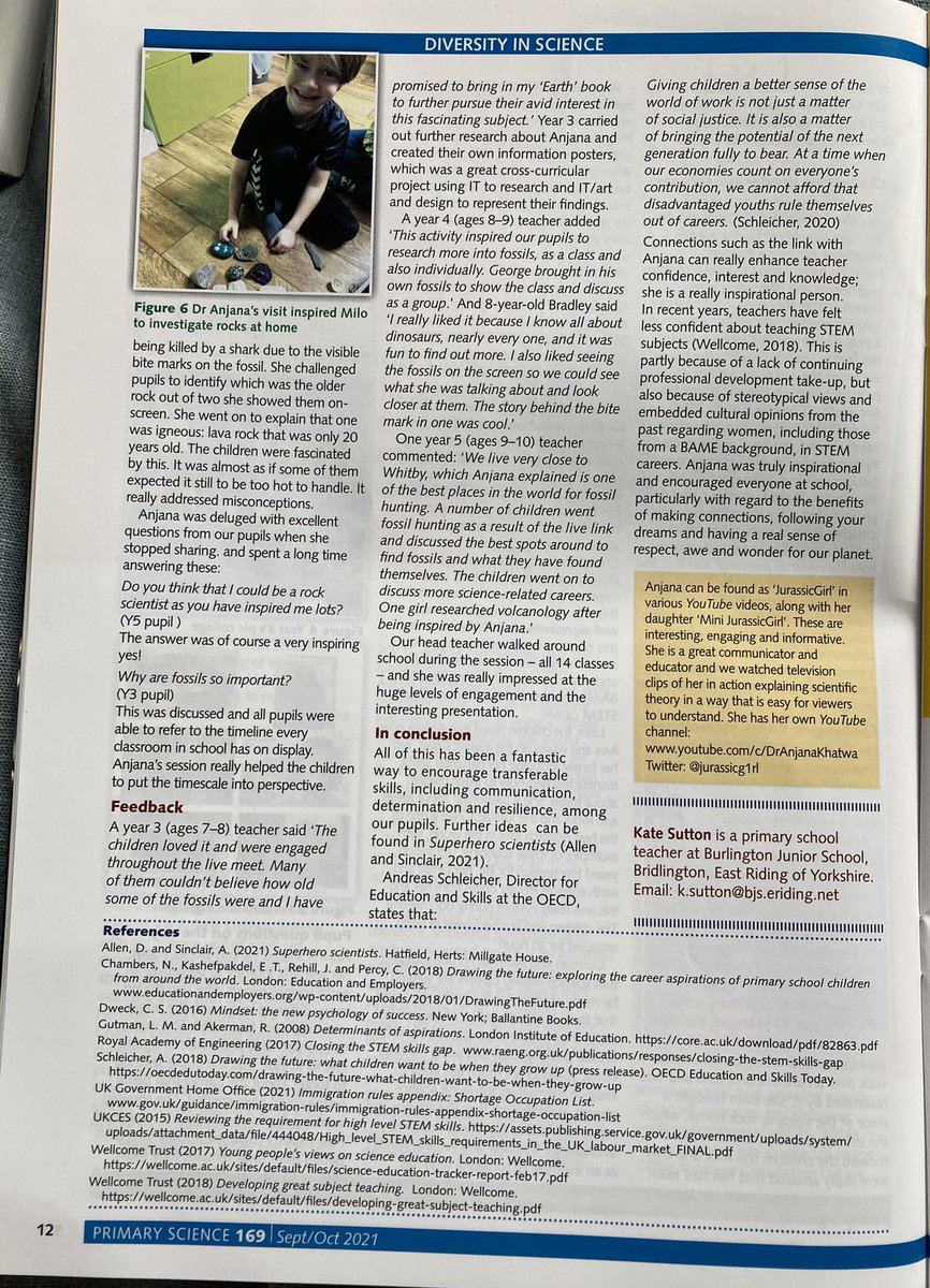 katesutton70's tweet image. Hugely proud of my article which features @theASE @PriSciJournal about Dr Anjana Khatwa @jurassicg1rl her virtual visit @burlingtonjnr and her inspirational effect in our pupils #ScienceRoleModel #challengingstereotypes #diversityandinclusion #STEMforall