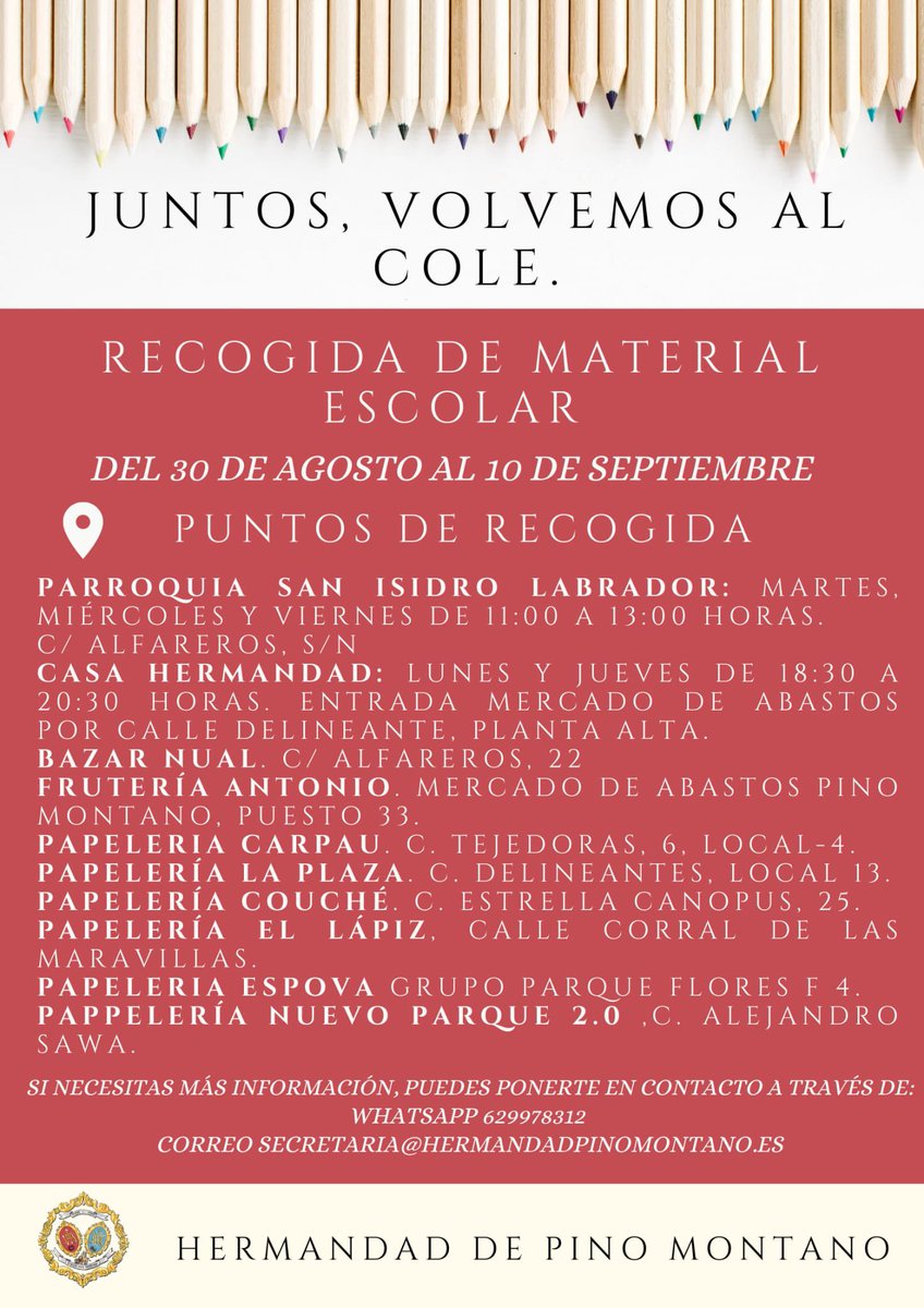 HdadPinoMontano's tweet photo. 𝐑𝐞𝐜𝐨𝐠𝐢𝐝𝐚 𝐝𝐞 𝐦𝐚𝐭𝐞𝐫𝐢𝐚𝐥 𝐞𝐬𝐜𝐨𝐥𝐚𝐫 ✏️

Desde el 30 de agosto al 10 de septiembre recogeremos material escolar para los niños y niñas de nuestro barrio que más lo necesitan. 

¡Juntos volvemos al cole! Gracias por tu colaboración. https://t.co/gJimwybRHy
