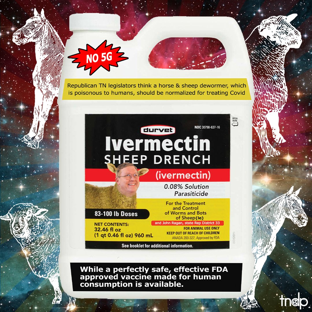 So according to <a href="/TNGOP/">TNGOP</a> members <a href="/RepRagan/">RepJohnRagan</a>, <a href="/CepickyTn64/">Scott Cepicky</a>, and <a href="/PaulRoseTN/">Senator Paul Rose</a>, it's cool to use a drug made for farm animals to treat COVID but not cool to promote the FDA approved vaccine that prevents it 🐑

Gotcha.