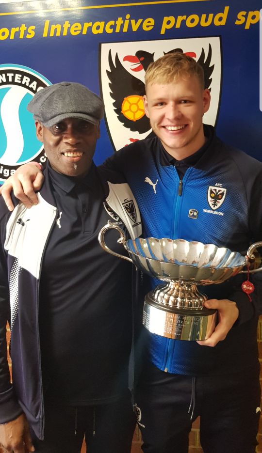 BJRoute66's tweet photo. @AaronRamsdale98 looking forward to seeing you again Rambo against #AFCWimbledon, remember l presented you with the #WDON Player of the Year! #EnglandsNo1 just a matter of time! https://t.co/5NPb2hkJQN