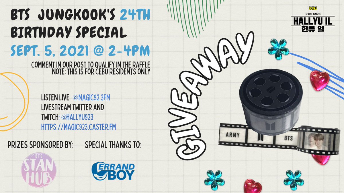 HALLYUIL's tweet photo. JK BDAY GA 2!

Ans this Q &amp; qualify to win this official BTS washi tape @BTS_StanHub &amp; https://t.co/R6ia4EWnWu :
If you could hang out with JK on his birthday, what would you do?

@BTS_twt #hallyuil923event #hallyu #kpop #happyjkday

Layout: @ohnoyssa (STC Masscom Intern) https://t.co/XB1C0zJeuq