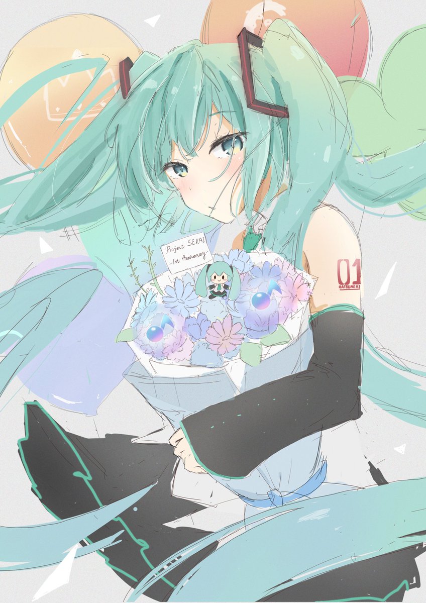 hatsune miku bouquet skirt long hair flower balloon detached sleeves 1girl  illustration images